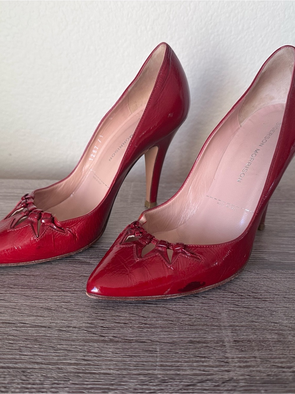 Vintage Sigerson Morrison Size 6.5 Red Patent Leather Pointed Toe Stiletto Heels